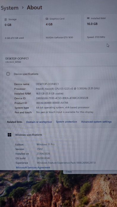 Настолен компютър Fujitsu CELSIUS W550 Intel E3-1225 v5/4c 3.3/3.7 GHz, 16GB DDR4 (2x 8GB 2400), MSI GeForce GTX 1650 4GB LP OC