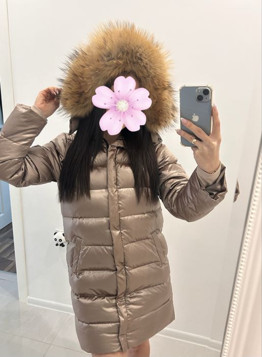 Дълго яке с естествена яка/качулка от лисица