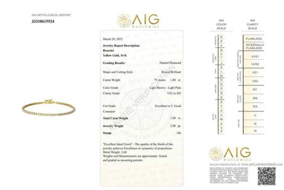 Brățară tenis, aur14k cu diamante 1ct