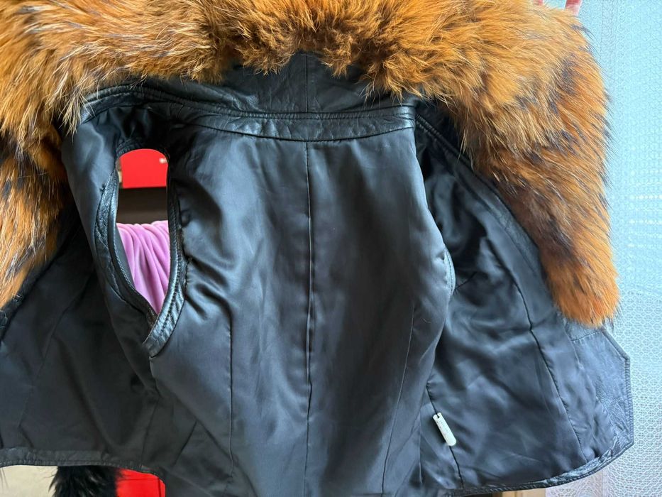 Елек от естествена кожа с ест косъм яка от кожа на миеща мечка raccoon