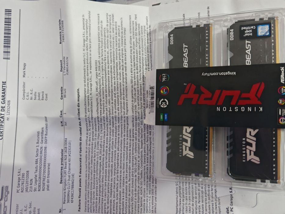 Set Memorie RAM 32gb fury beast ddr4 3600mhz