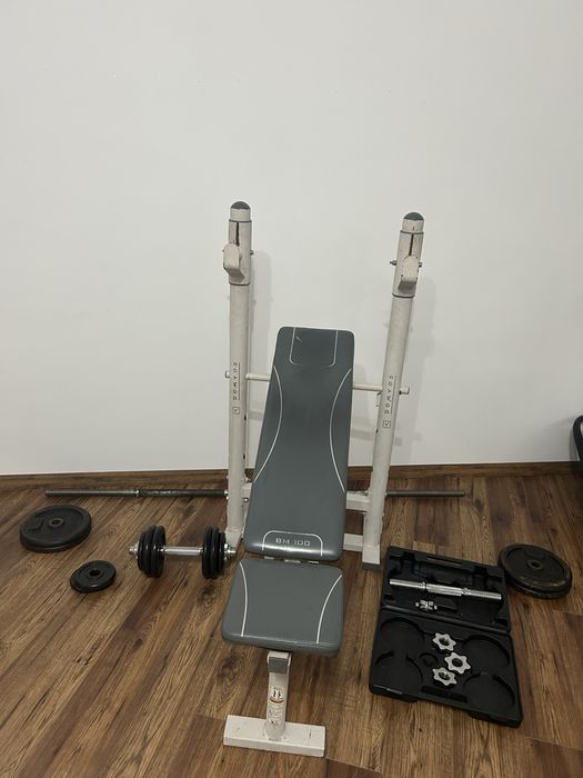 Set complet fitness Domyos BM100 – bancă + halteră + gantere + greutăți
