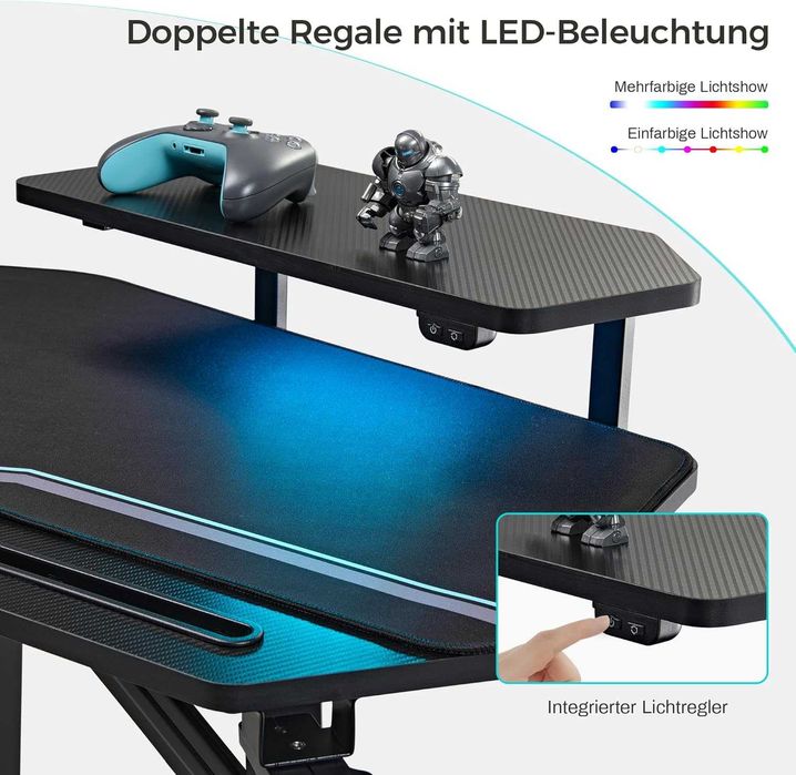 Masa Birou Gaming EUREKA ERGONOMIC 182x76 cm cu LED – Nou