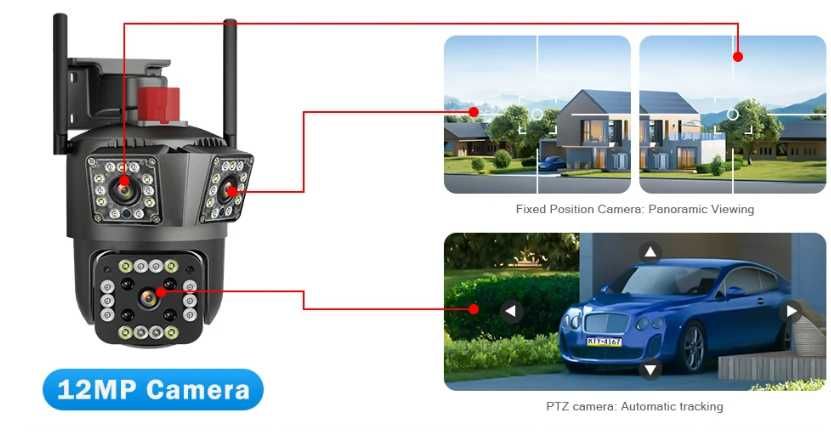 12MP PTZ WiFi 4K външна камера с троен обектив сензор движение IP CCTV