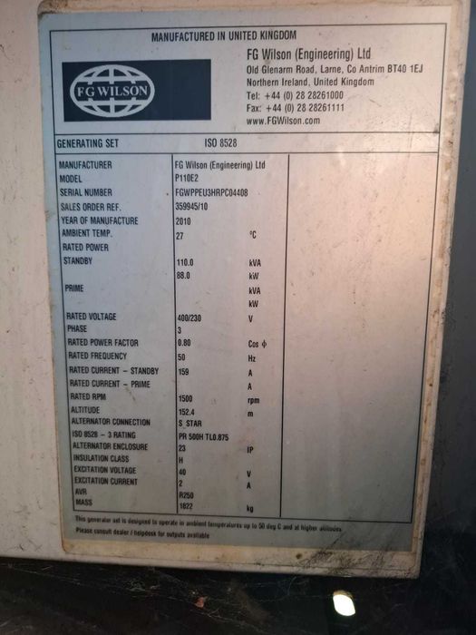 Generator curent trifazat F.G. Wilson profesional – stare excelentă
