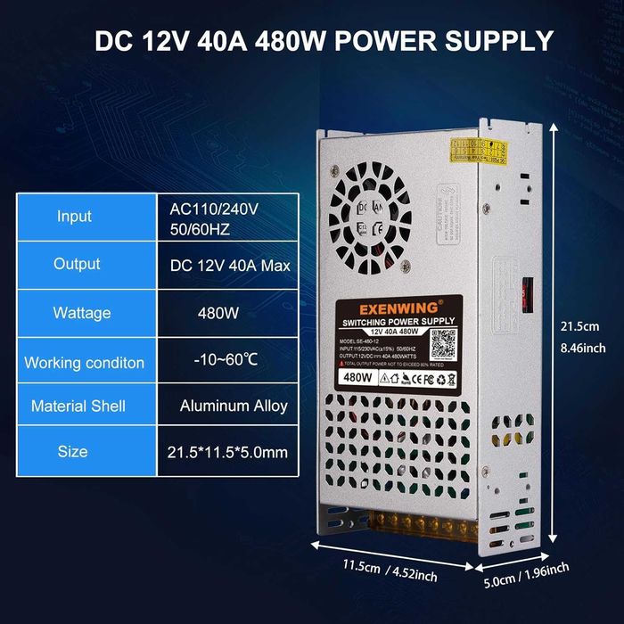 Импулсно захранване 12V 40A 480W AC/DC за LED