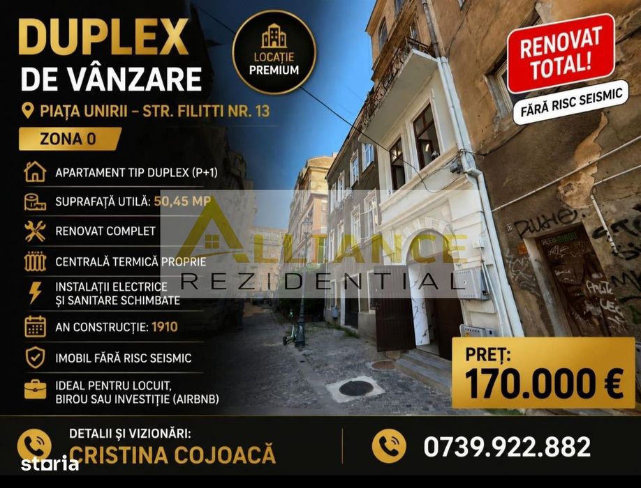 Piata Unirii Apartament tip duplex P+1 50 mp Centru Vechi Complet Reno