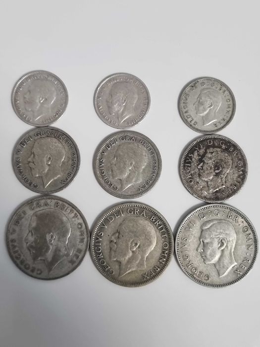 9 monede Anglia Marea Britanie 3, 6 pence 1 shilling 1917-1945  argint