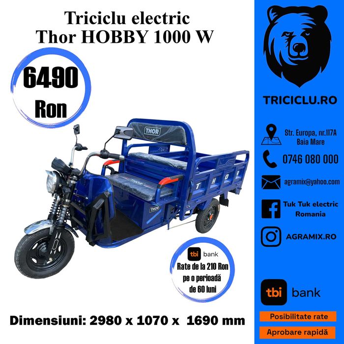 Triciclu NOU electric Thor Hobby cu cabina 1000W Agramix