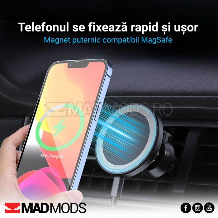 Suport auto MagSafe, Incarcare wireless 15W Magnetic, Grila ventilatie