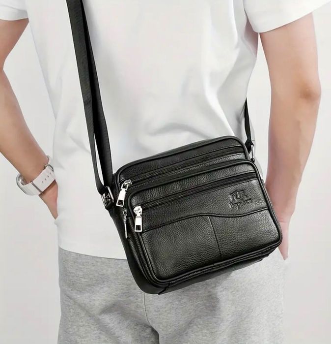 Мъжка квадратна кожена чанта за през рамо/Обемна от черна естест. кожа