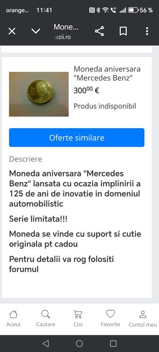 Vând/ schimb  monedă aniversară placată cu aur Mercedes