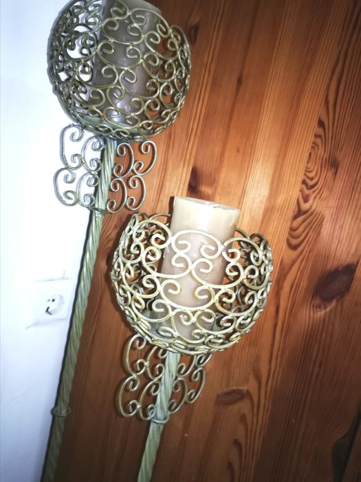 2 брой . Антики Метален свещник, декоративен, светло антик зелен,