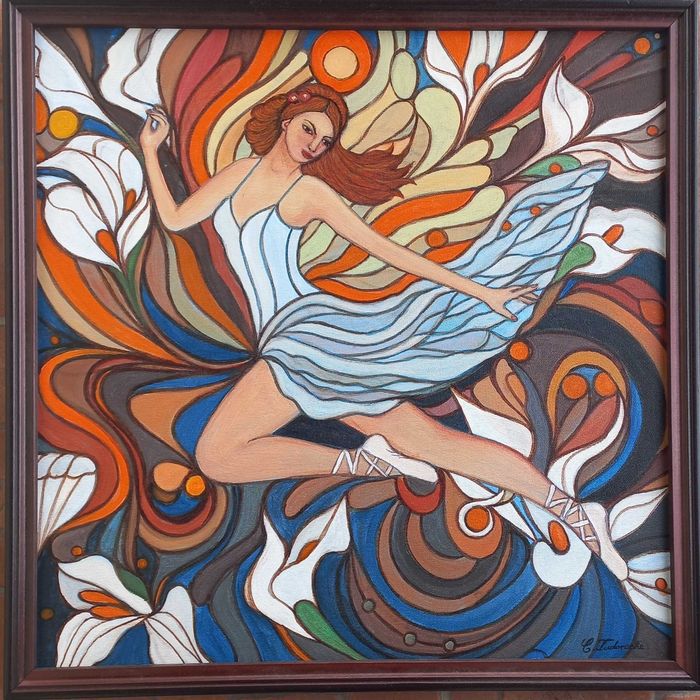 Tablou pictat manual pe pana BALERINA, 50x50 cm, rama din lemn