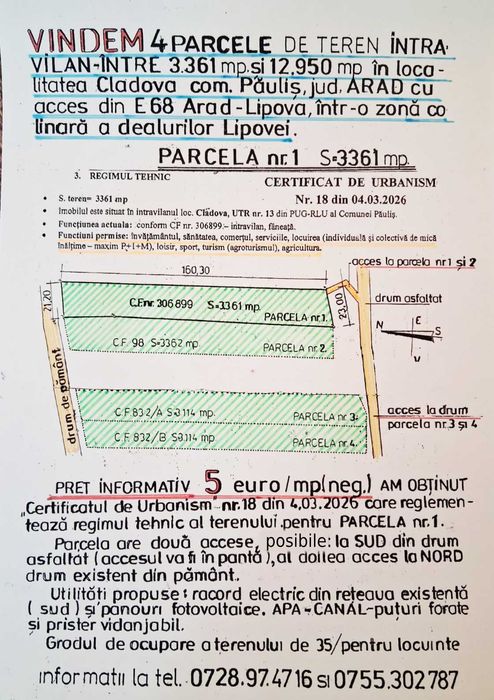 Vindem terenuri intravilane in Cladova