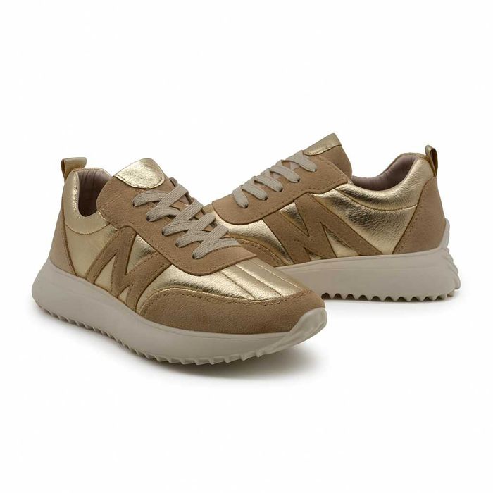 Дамски спортни обувки от естествена кожа и велур в златисто и бежово
