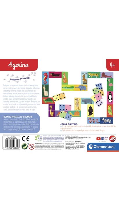 Joc Clementoni Agerino - Domino, Animalute si Numere, 4 ani +