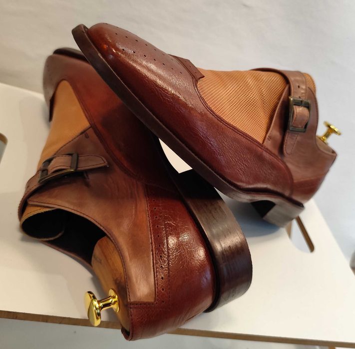 Pantofi monk de lux 44.5 45 lucrati manual Mezlan NOI piele naturala moale maro camel