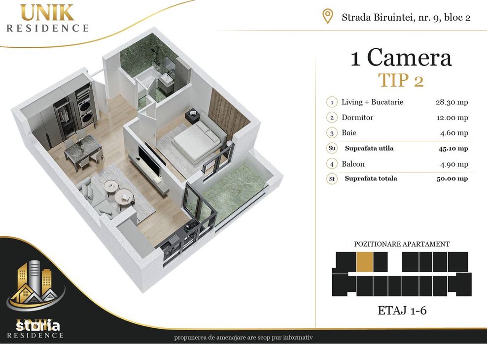 STUDIO 45 mp | Bloc nou | Biruintei – acces catre metrou Berceni