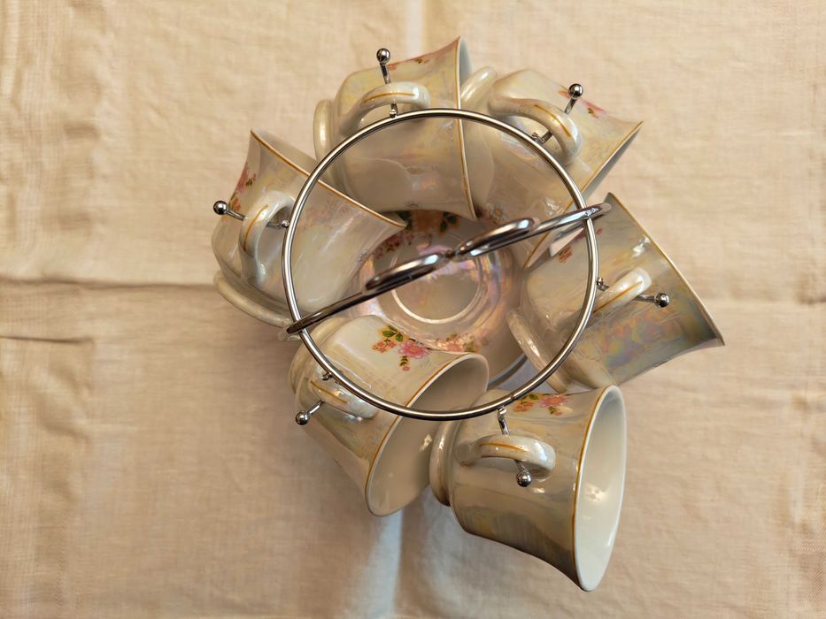 Set 6 cești cafea porțelan, model floral, pe suport metalic