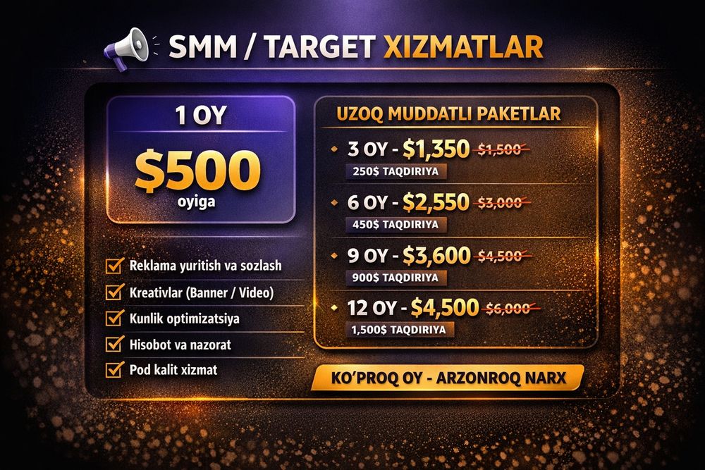 МАРКЕТИНГОВЫЕ УСЛУГИ СММ ТАРГЕТ
biz bizССnesingizga mijoz olib kelamiz