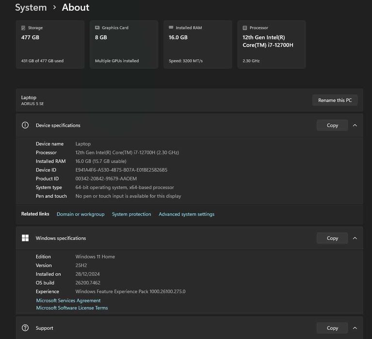Laptop GAMING 15.6" AORUS, I7 gen 12, Nvidia 3070, 16gb RAM, 500gb SSD