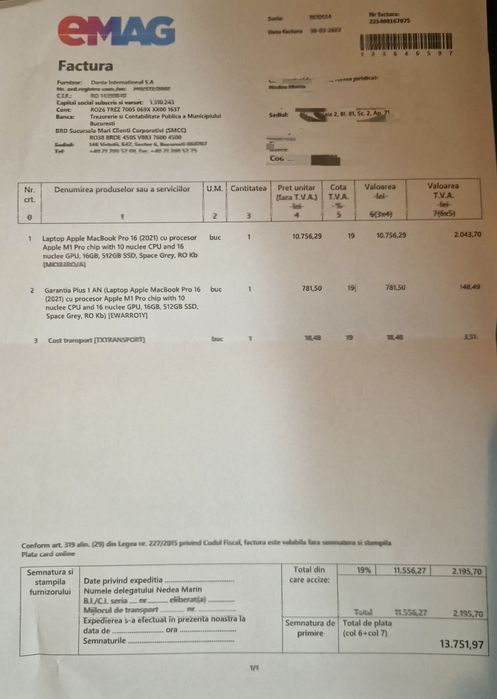 Apple M1 Pro cu CPU de 10 nuclee, GPU de 16 nuclee