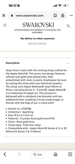 Чисто нова оригинална каишка  Swarovski за Apple Watch 40mm & 41mm,Rose gold,закупувана за 250€