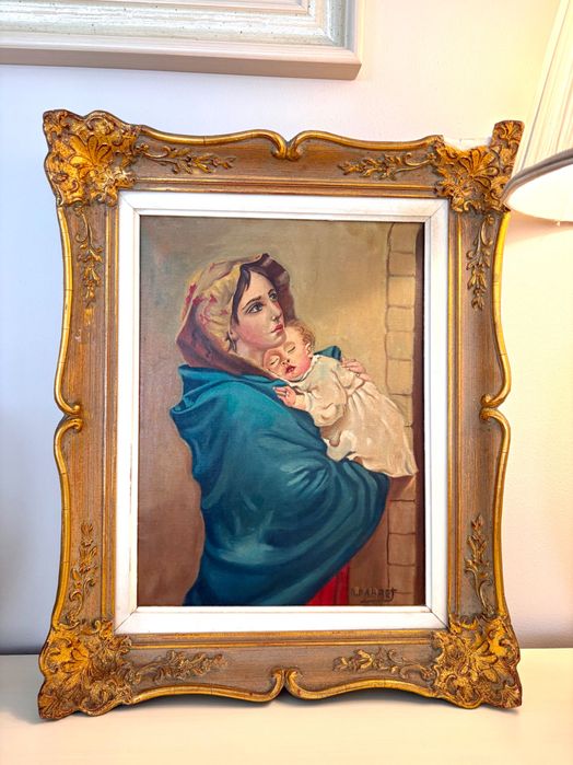 Tablou Deosebit „Madona cu Pruncul” – Pictură pe Pânză, Semnat R. Parret