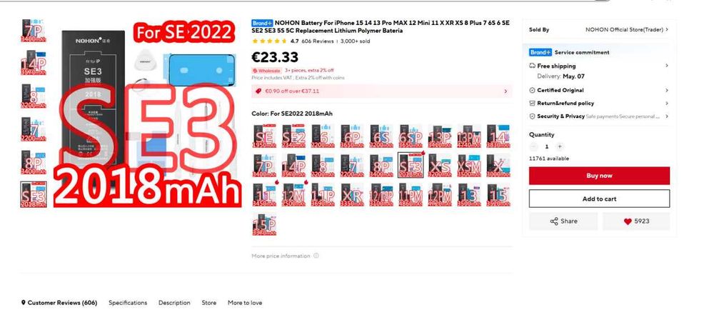 Нова подсилена батерия NOHON за iPhone SE 3 (2022), 2018mAh + Пълен комплект инструменти