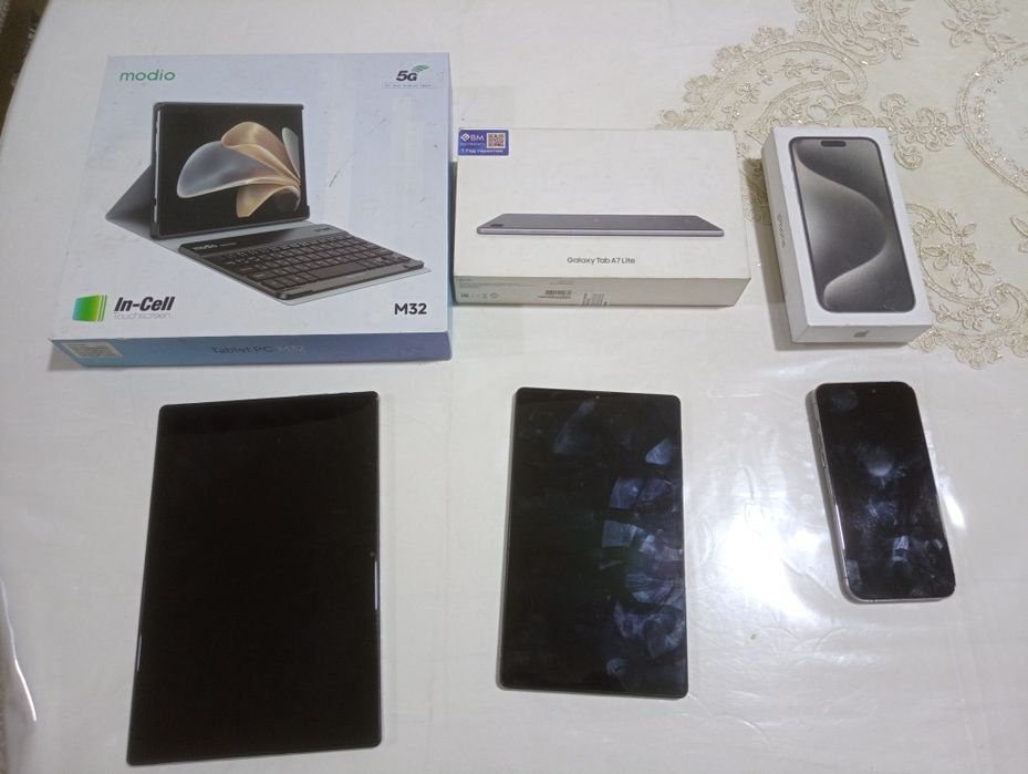 Iphone 15 promax 1ga1 varyanti modio m32 plansheti gallaxy taba7lite