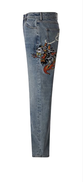 Ed Hardy men’s hell-cats tattoo graphic denim trousers jeans - bleach