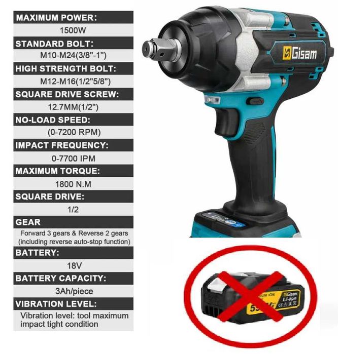 Безчетков Акумулаторен Гайковерт GISAM 1800 Nm