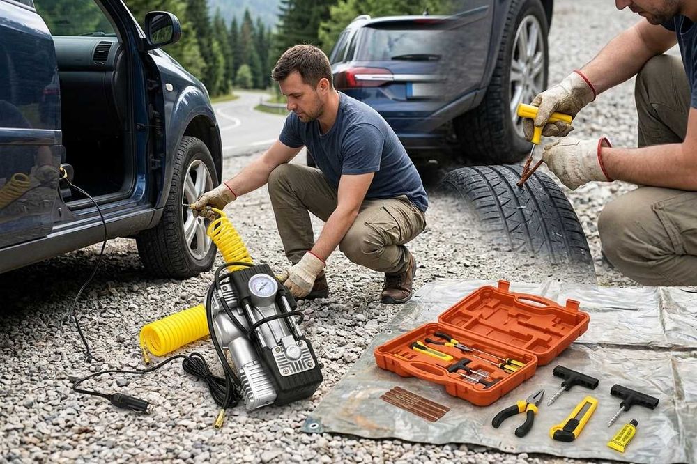 Trusa auto reparatii roti cu compresor 12V completa