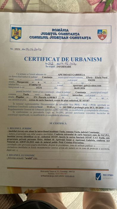 Teren 1000mp intravilan Tuzla,