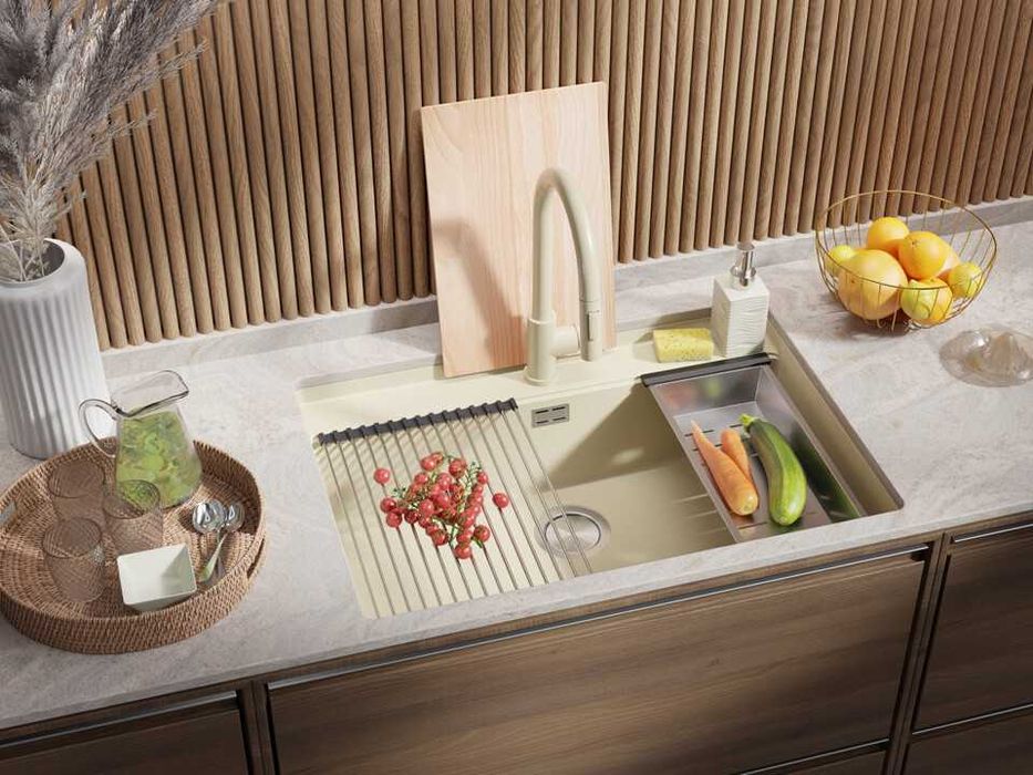 Бежова кухненска мивка за вграждане под плот Берген 80 Low 760x530 мм