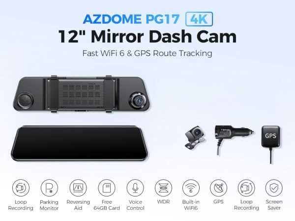 Видеорегистратор AZDOME PG17 4K+FHD, WiFi 6, GPS