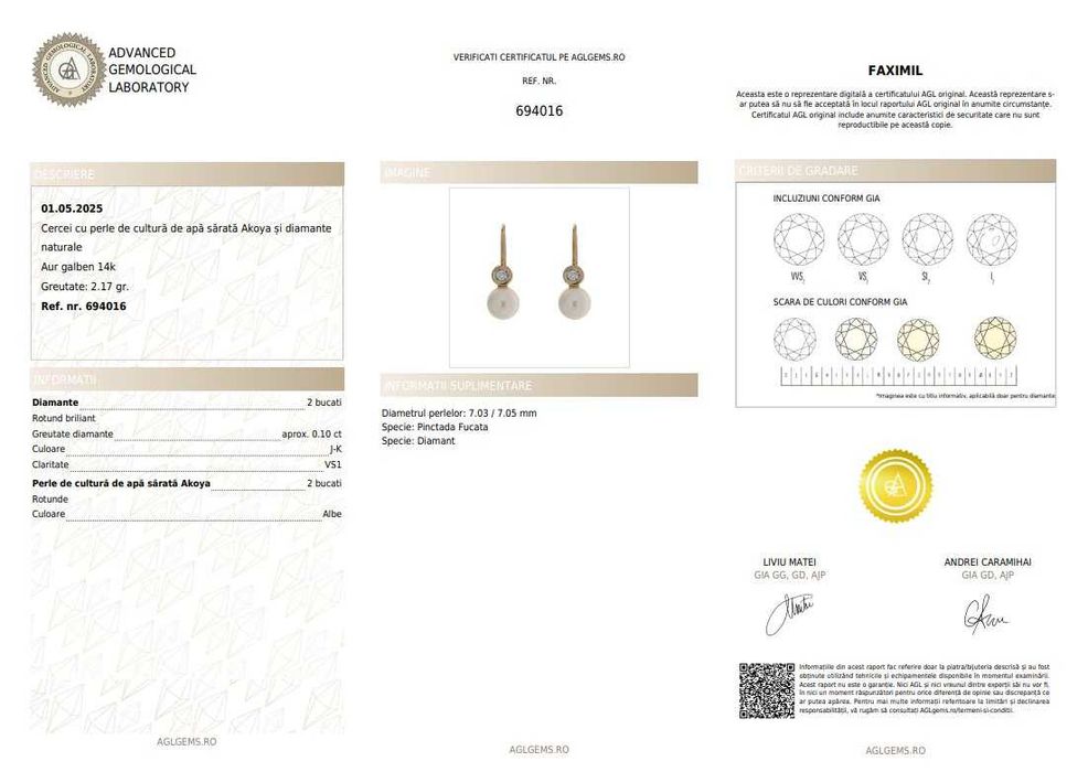 Pereche de cercei din aur galben, decorată cu diamante și perle Akoya,