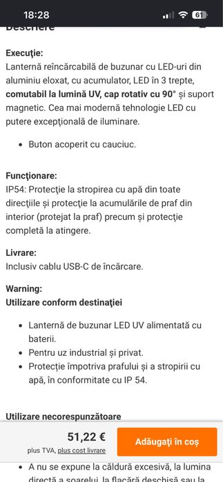 Lanterna led UV 300 lm