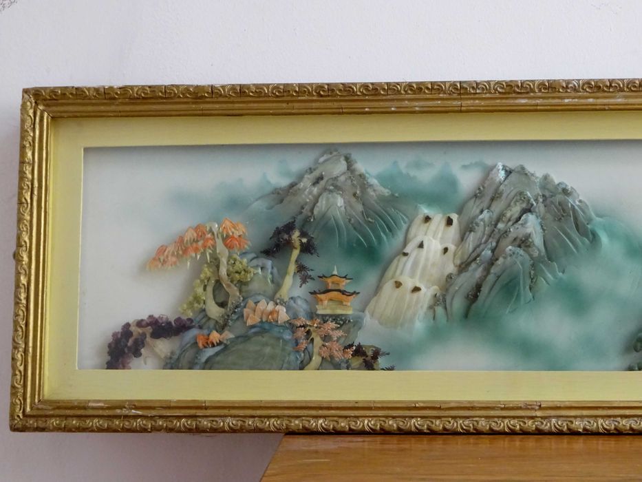 Tablou Asiatic vechi, cu Scoica sculptata manual - DEOSEBIT