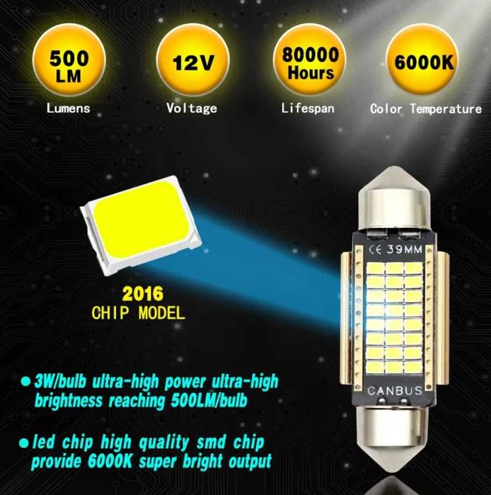 Set Becuri LED c5w 39mm Canbus Plafoniera Portbagaj Numar, Lumina Alba