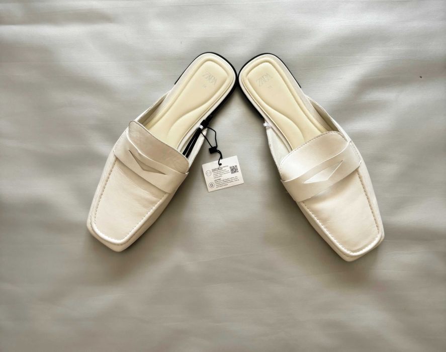 Papuci dama, ZARA, varf patrat, noi, piele naturala, 38