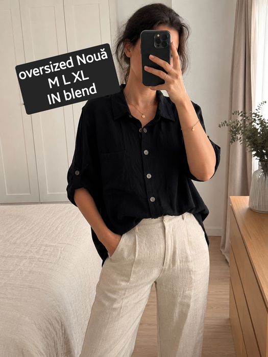 Cămașă damă neagră Chicoree vâscoză si IN oversized XL M L casual office minimalist