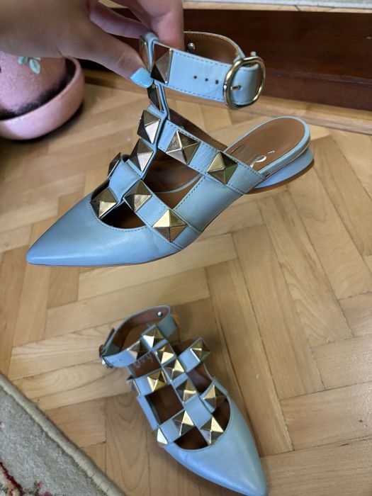 Balerini din piele naturala bleu cu tinte