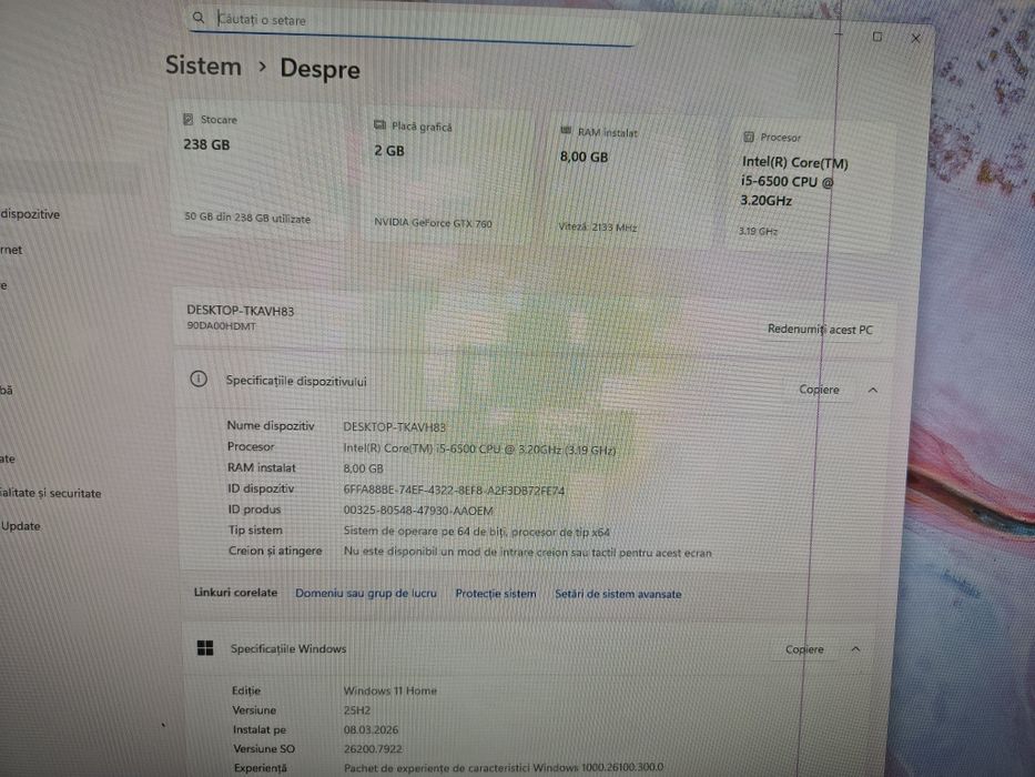 unitate pc gaming 8gb ddr4/gtx 760ddr5/i5 6500/ssd/Windows 11