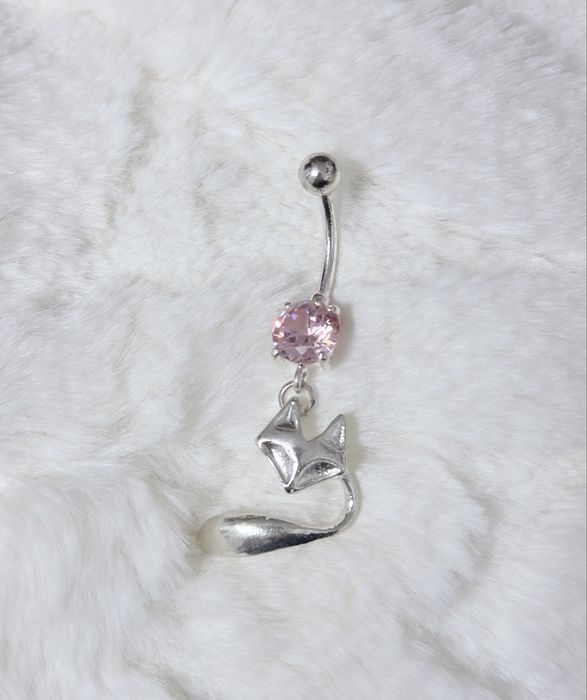 Piercing cercel pentru buric din otel inoxidabil argintiu model pisica cristal roz