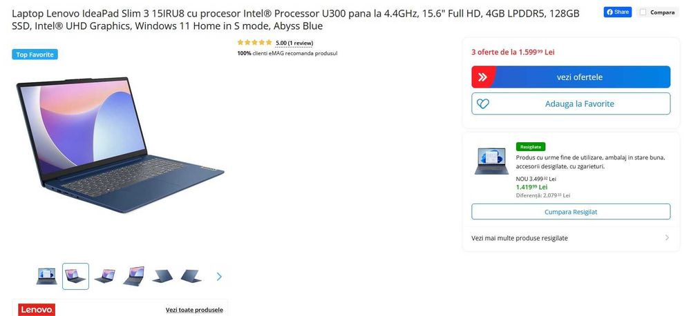 Laptop Lenovo IdeaPad Slim 3 15IRU8 4GB RAM, 128 GB - SIGILAT