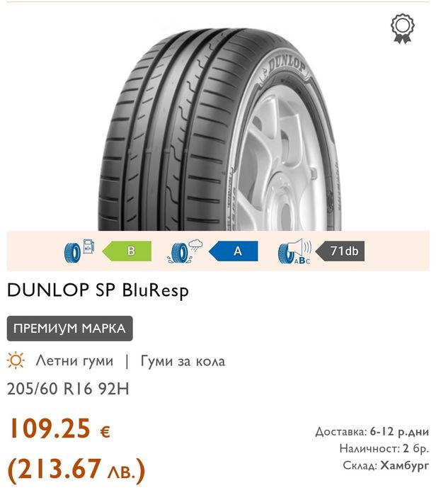 2бр. летни гуми 205/60/16 DUNLOP Sport Blue Response 
6.97mm
dot24