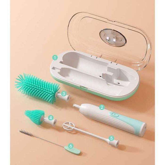 Kit de curatare sticle, 6 in 1, cu functie de sterilizare, perie electrica reincarcabila, multifunctionala, din silicon, perie pentru tetine