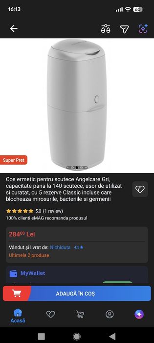 Coș ermetic pentru scutece Angelcare + 4 rezerve